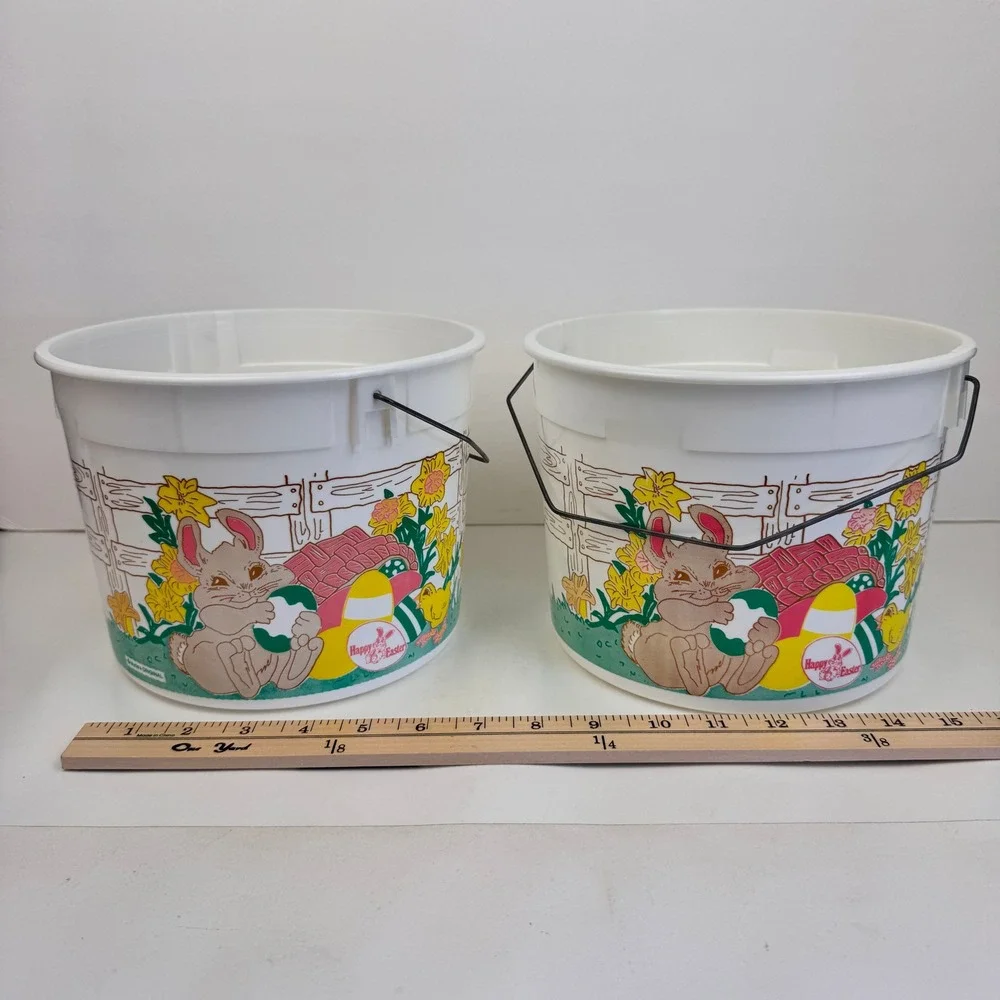 2 Vtg Round Plastic Happy Easter Basket Ice Cream Bucket Myrle's Original No Lid